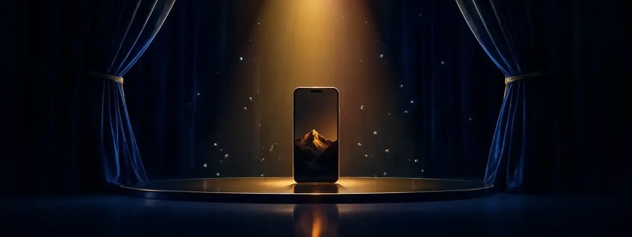 ai短剧下载APP页面主题背景，舞台中央的手机与追光